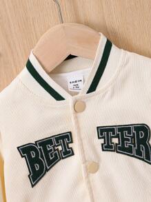 Baby Boy Letter Graphic Striped Trim Varsity Jacket Without Tee - Apricot - View 3