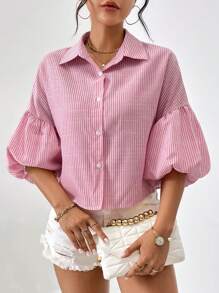 SHEIN Privé 條紋印花燈籠袖襯衫 - 粉色 - 查看 1