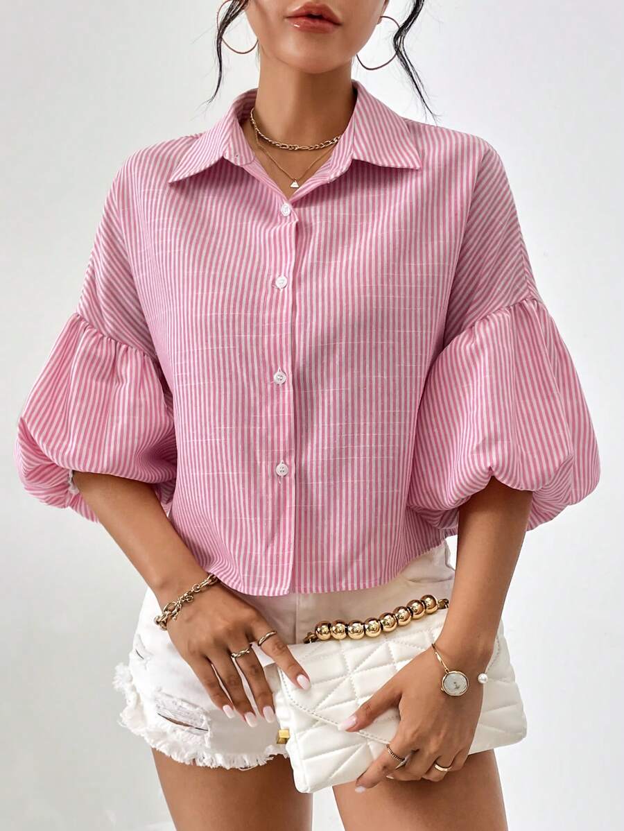 SHEIN Privé 條紋印花燈籠袖襯衫 - 粉色 - 查看 1