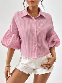 SHEIN Privé 條紋印花燈籠袖襯衫 - 粉色 - 查看 5