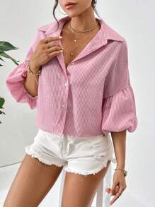 SHEIN Privé 條紋印花燈籠袖襯衫 - 粉色 - 查看 6