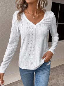 SHEIN LUNE 素色V領T恤 - 白色 - 查看 3