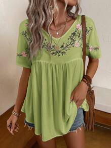 SHEIN LUNE Floral Embroidery Smock Blouse - Green - View 1