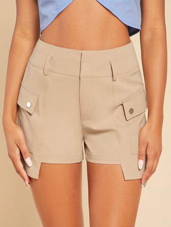 SHEINNeu Flap Pocket Side Asymmetrical Hem Cargo Shorts