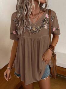 SHEIN LUNE Floral Embroidery V Neck Blouse - Coffee Brown - View 1