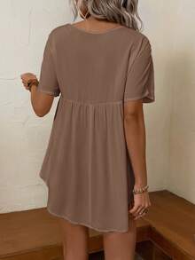 SHEIN LUNE Floral Embroidery V Neck Blouse - Coffee Brown - View 2