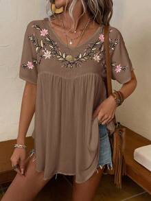 SHEIN LUNE Floral Embroidery V Neck Blouse - Coffee Brown - View 6
