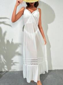 SHEIN 蕾絲拼接荷葉邊罩衫連衣裙不附帶比基尼套裝 - 白色 - 查看 2