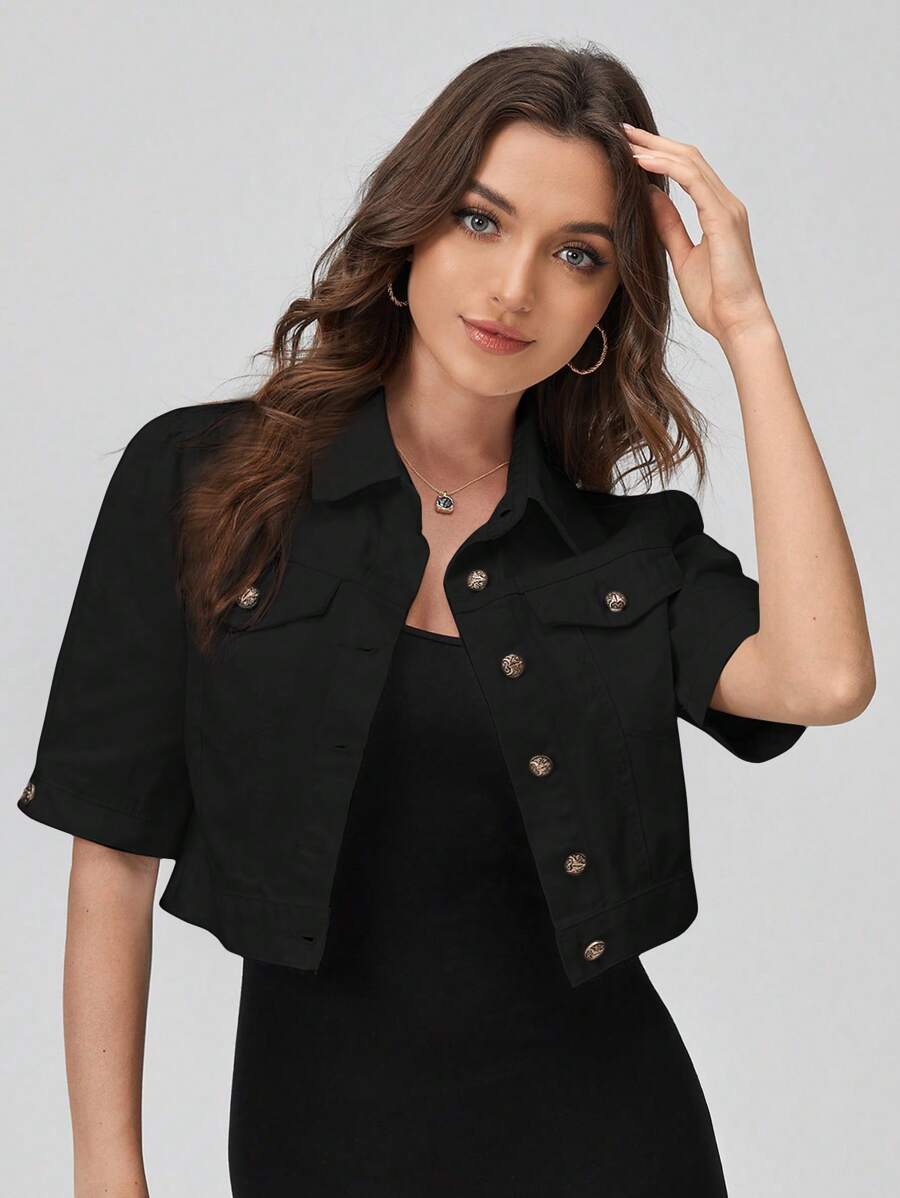 SHEIN EZwear Flap Pocket Button Front Crop Denim Jacket - Black - View 1