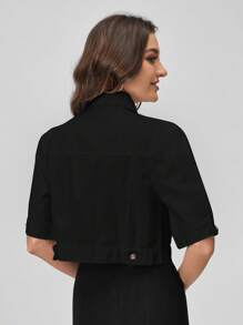 SHEIN EZwear Flap Pocket Button Front Crop Denim Jacket - Black - View 2