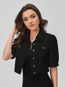 SHEIN EZwear Flap Pocket Button Front Crop Denim Jacket - Black - View 3