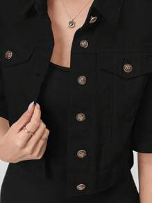 SHEIN EZwear Flap Pocket Button Front Crop Denim Jacket - Black - View 4