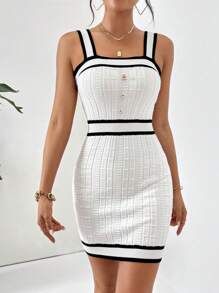 Firerie Contrast Trim Fake Button Jumper Dress - Black and White - View 6