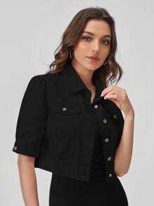 SHEIN EZwear Flap Pocket Button Front Crop Denim Jacket - Black - View 6