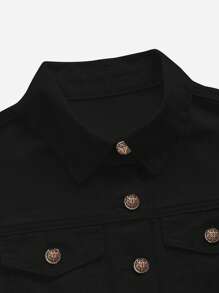 SHEIN EZwear Flap Pocket Button Front Crop Denim Jacket - Black - View 9