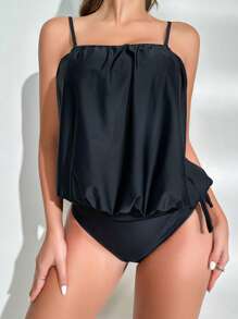 SHEIN 侧抽绳高腰比基尼夏季海滩装 - 黑色 - 查看 3