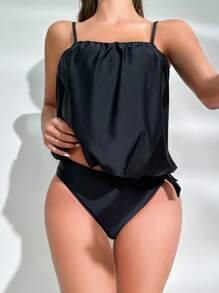 SHEIN 侧抽绳高腰比基尼夏季海滩装 - 黑色 - 查看 4