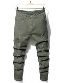 Manfinity LEGND Hombres Jeans ajustados algodón desgarro crudo - Verde militar - Ver 1