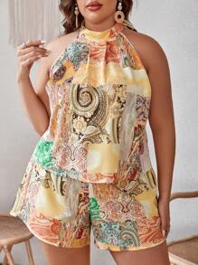 SHEIN VCAY Hơn In chắp vá Dây Áo blouse & quần short - Nhiều màu - Xem 3