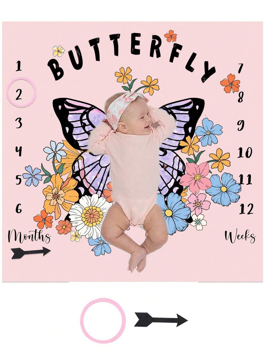 女嬰蝴蝶圖案毯子&2入組配件拍攝套裝 - 粉色 - 查看 1