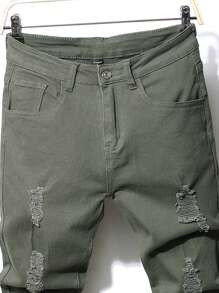 Manfinity LEGND Hombres Jeans ajustados algodón desgarro crudo - Verde militar - Ver 6