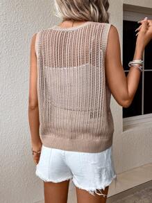 SHEIN VCAY Solid Pointelle Knit Sweater Vest Without Tube Top - Khaki - View 2