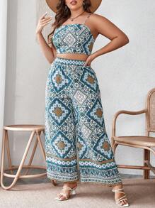 SHEIN VCAY Hơn In hoa văn khăn Cami ngọn & Quần ống rộng - Nhiều màu - Xem 4