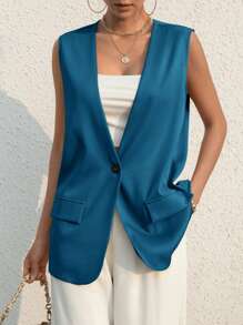 SHEIN Essnce 素色單釦馬甲西裝外套 - 藍色 - 查看 4