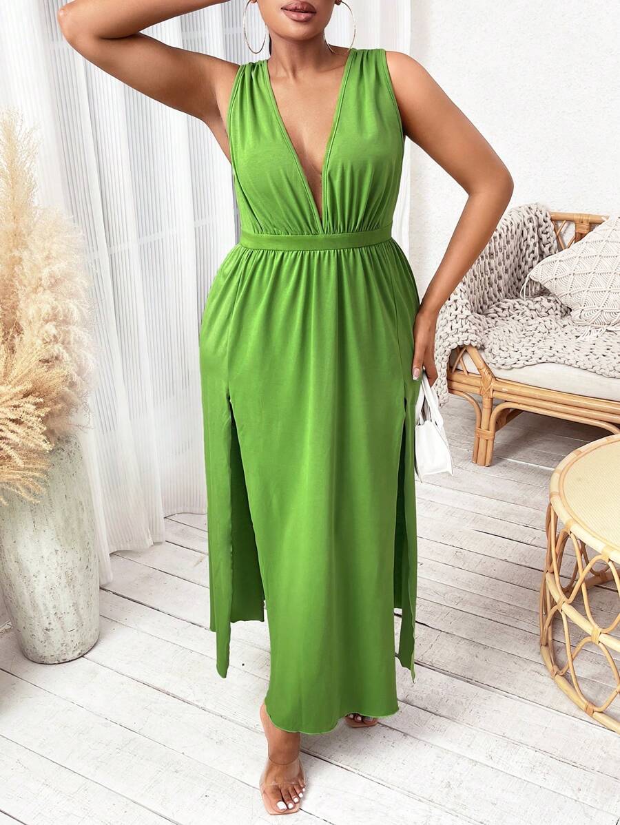 Slaydiva 大碼深V領高衩連衣裙 - 綠色 - 查看 1