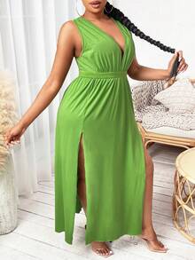 Slaydiva 大碼深V領高衩連衣裙 - 綠色 - 查看 5