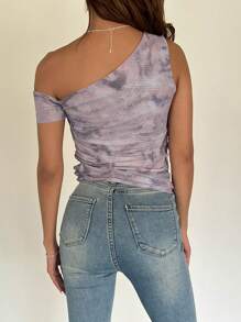 DAZY Tie Dye Asymmetrical Neck Ruched Top - Purple - View 2