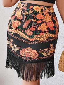 SHEIN VCAY Plus Floral Print Fringe Hem Skirt - Multicolor - View 1