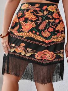 SHEIN VCAY Plus Floral Print Fringe Hem Skirt - Multicolor - View 2