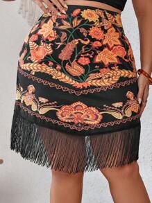 SHEIN VCAY Plus Floral Print Fringe Hem Skirt - Multicolor - View 3