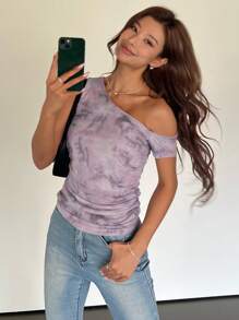 DAZY Tie Dye Asymmetrical Neck Ruched Top - Purple - View 5