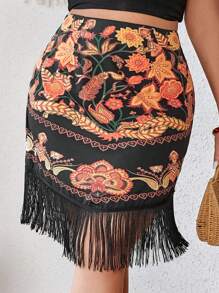 SHEIN VCAY Plus Floral Print Fringe Hem Skirt - Multicolor - View 5