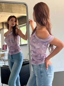 DAZY Tie Dye Asymmetrical Neck Ruched Top - Purple - View 7