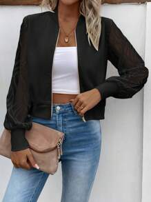 SHEIN LUNE Lưới tương phản Dây kéo Áo khoác bomber - màu đen - Xem 3