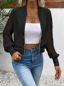 SHEIN LUNE Lưới tương phản Dây kéo Áo khoác bomber - màu đen - Xem 4