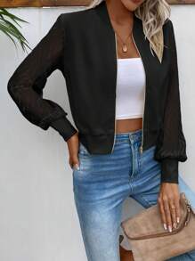 SHEIN LUNE Lưới tương phản Dây kéo Áo khoác bomber - màu đen - Xem 6