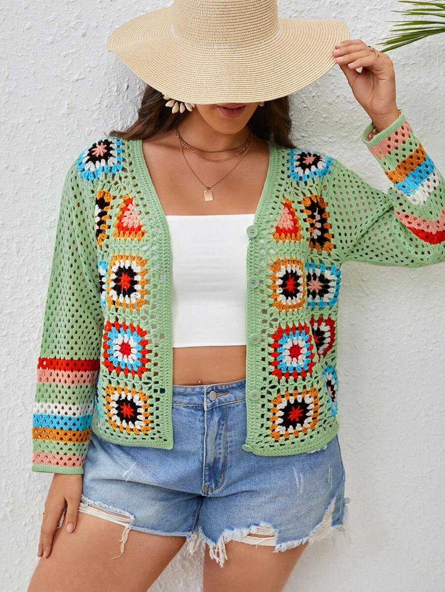 SHEIN VCAY Hơn Mẫu Geo Dệt kim Rỗng ra Áo - màu xanh lá - Xem 1