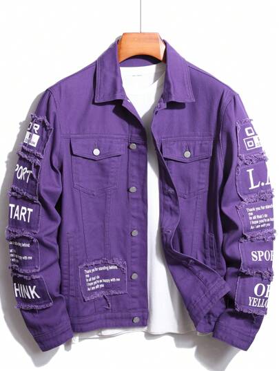 Giacca di jeans da uomo con grafica e taschino con patta, senza maglietta, per l'autunno