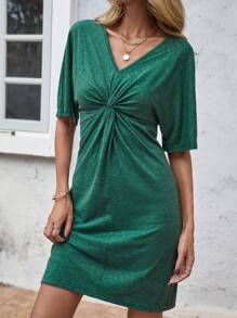 SHEIN LUNE Mặt trước xoắn tay cánh Đầm - màu xanh lá - Xem 5