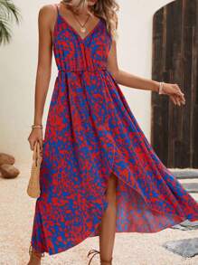 SHEIN VCAY 滿版印花高衩吊帶連衣裙 - 彩色 - 查看 3