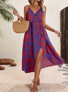 SHEIN VCAY 滿版印花高衩吊帶連衣裙 - 彩色 - 查看 1