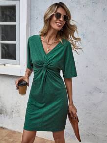 SHEIN LUNE Mặt trước xoắn tay cánh Đầm - màu xanh lá - Xem 1