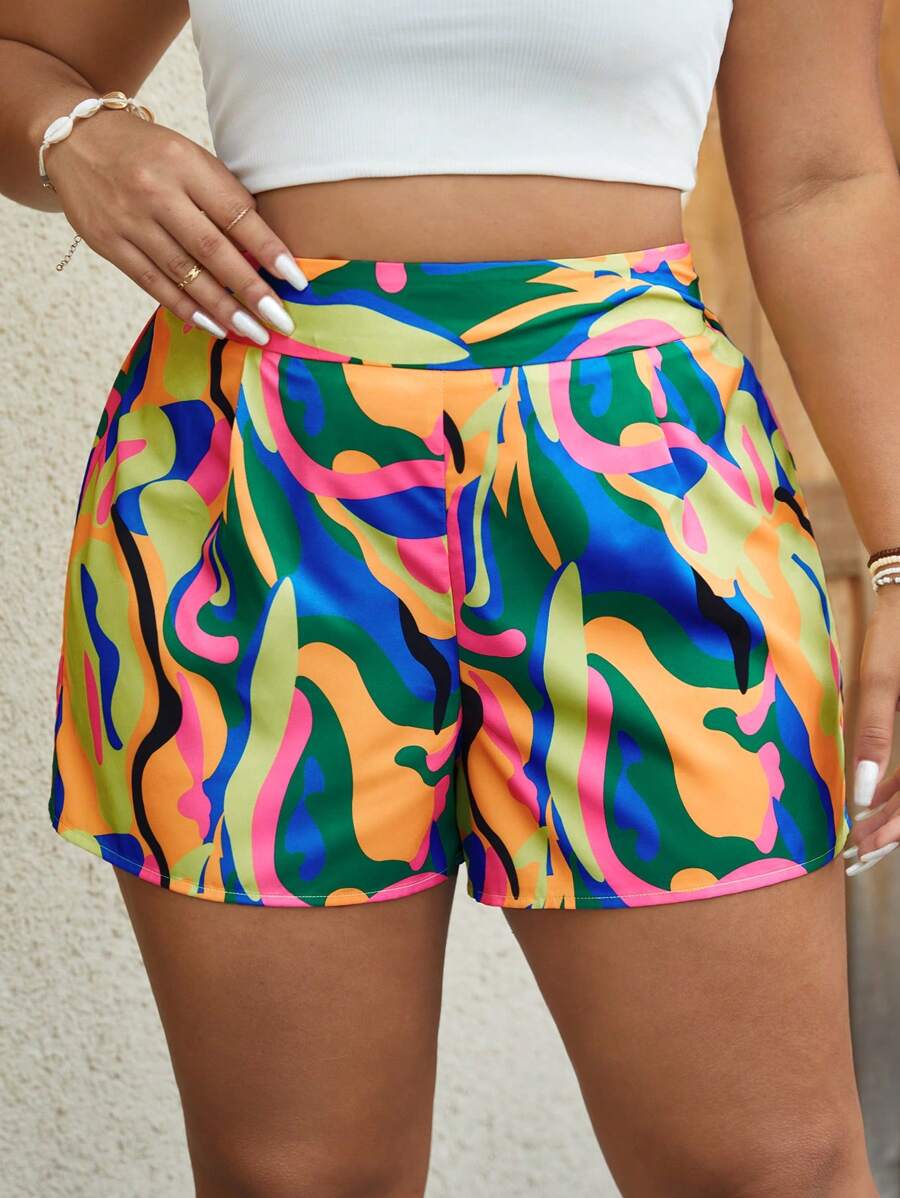 SHEIN VCAY Plus Allover Print Straight Leg Shorts - Multicolor - View 1