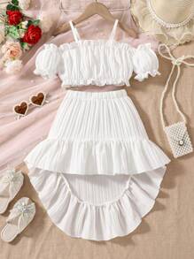 SHEIN Elladie kids Young Girl Cold Shoulder Frill Trim Top & High Low Ruffle Hem Skirt Summer Holiday