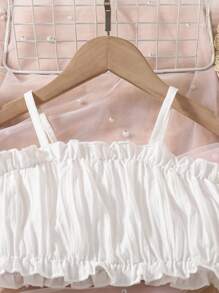 SHEIN Elladie kids Young Girl Cold Shoulder Frill Trim Top & High Low Ruffle Hem Skirt Summer Holiday