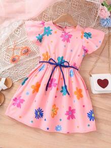 SHEIN Young Girl Floral Print Ruffle Trim Dress - Pink - View 1